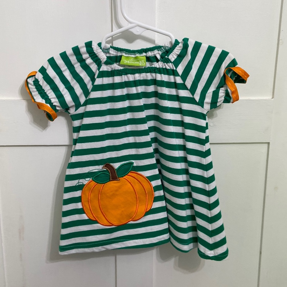Classic Whimsy Fall Infant Girl Green Striped Pumpkin Dress Size 3 months